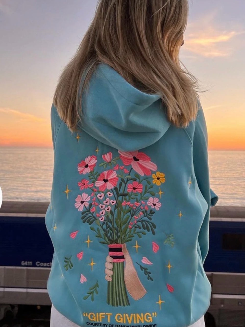 Gift Giving Floral Bouquet Hoodie - Teal
